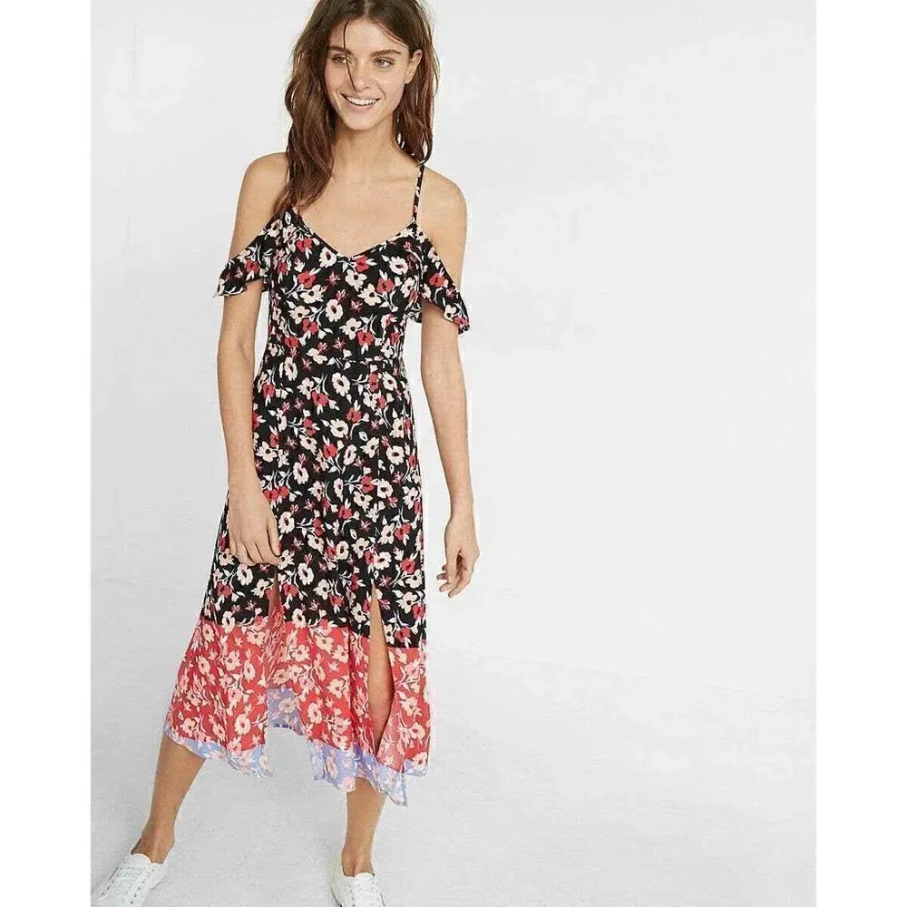 EXPRESS Floral Ruffle Red Black ColorBlock Dress W/ Double Slits Size M - Picture 1 of 7